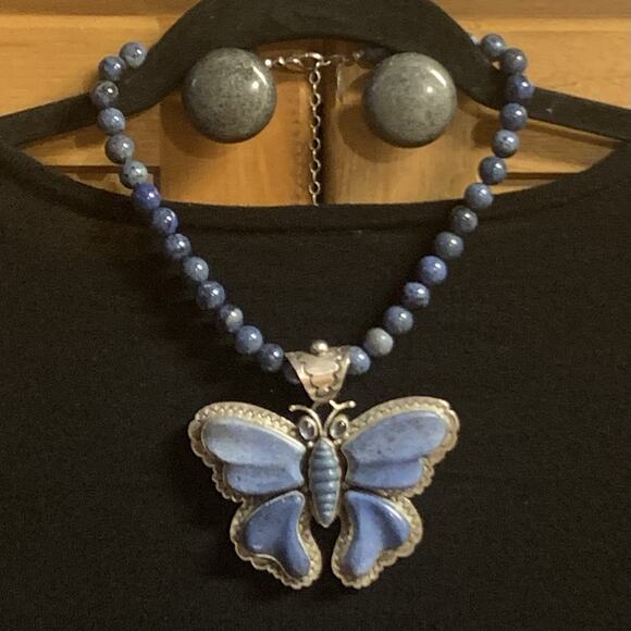 Native Artist D. Troutman Butterfly Necklace Violet Blue Beads & Amethyst Eyes - Picture 11 of 13